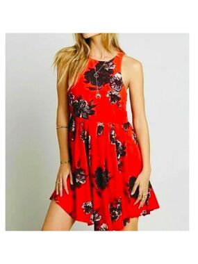 FREE PEOPLE- Cherry Red Floral Mini Dress-Size 2 Flutterby style-EUC